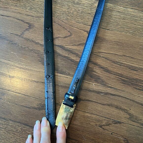 Vtg Talbots thin black leather belt with faux rectangle tortoiseshell buckle - Picture 4 of 6